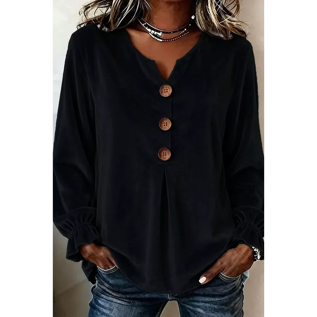 Women's velvet-touch button blouse with ruffled cuffs in black