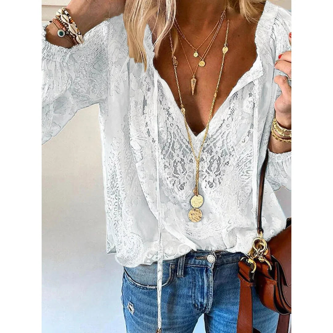 Women's lace tie neck blouse