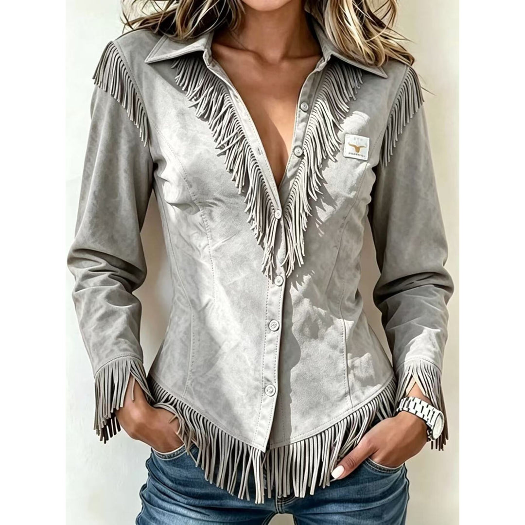 Women's fringe trim collared button-up shirt in grey