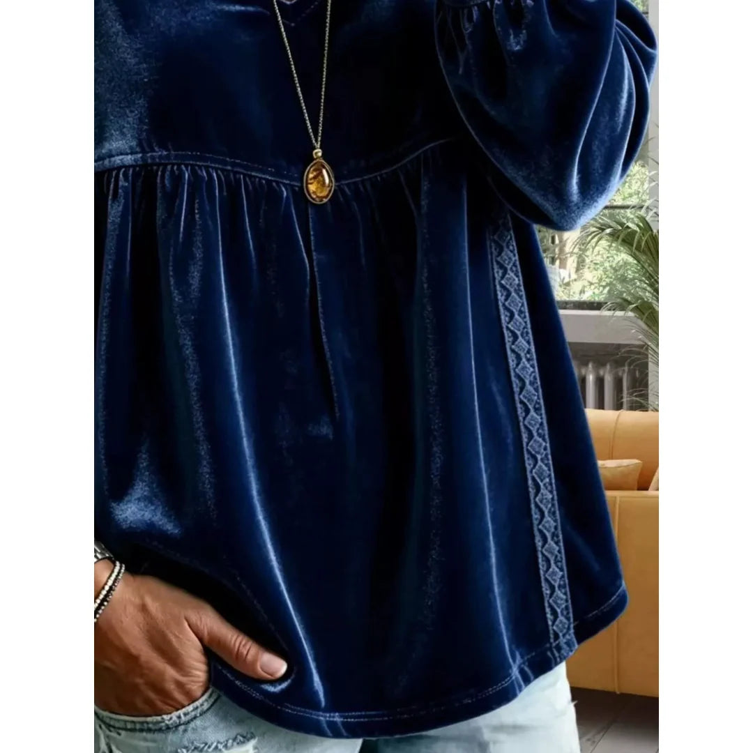 Women's velvet-touch lace detail V-neck blouse