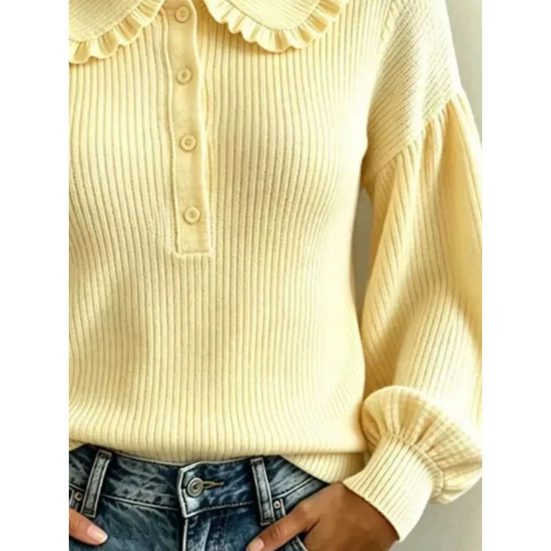 Women's ruffle collar ribbed knit jumper with button detail