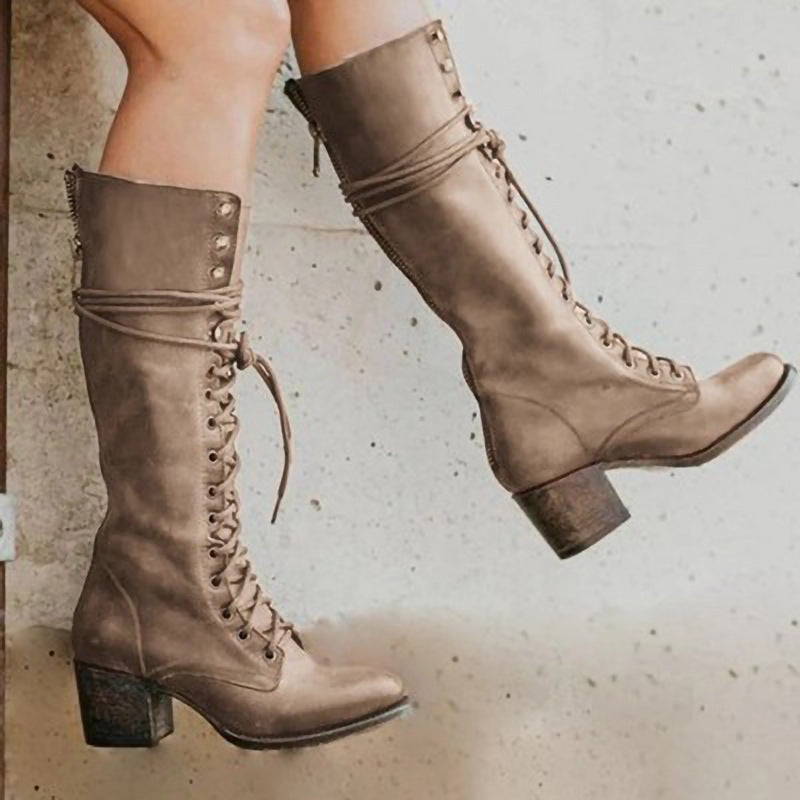NOA | LACE-UP KNEE HIGH BLOCK HEEL BOOTS