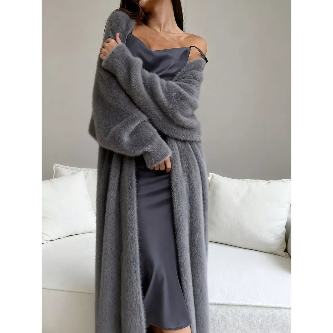 Women's fluffy longline open front cardigan in grey