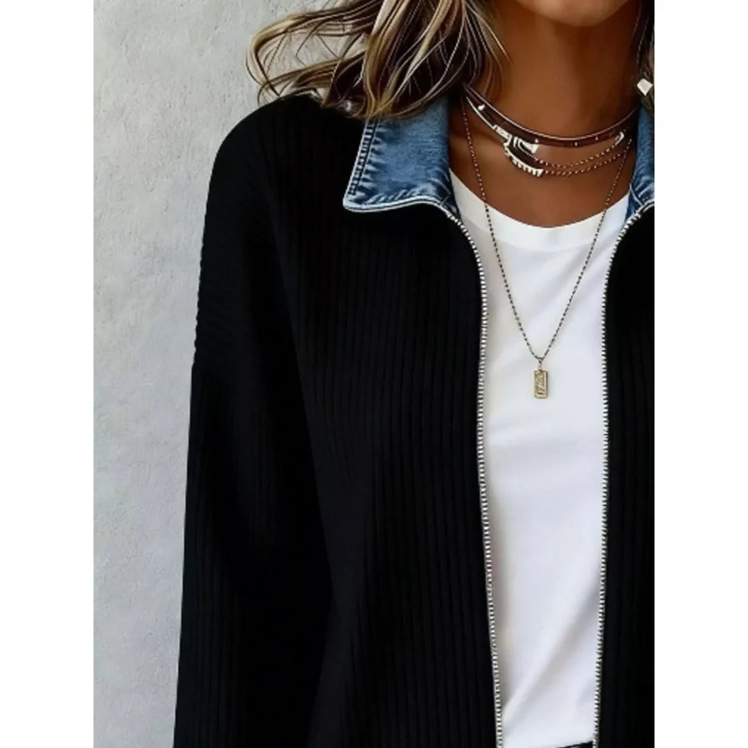 Women's ribbed knit zip jacket with denim-look collar