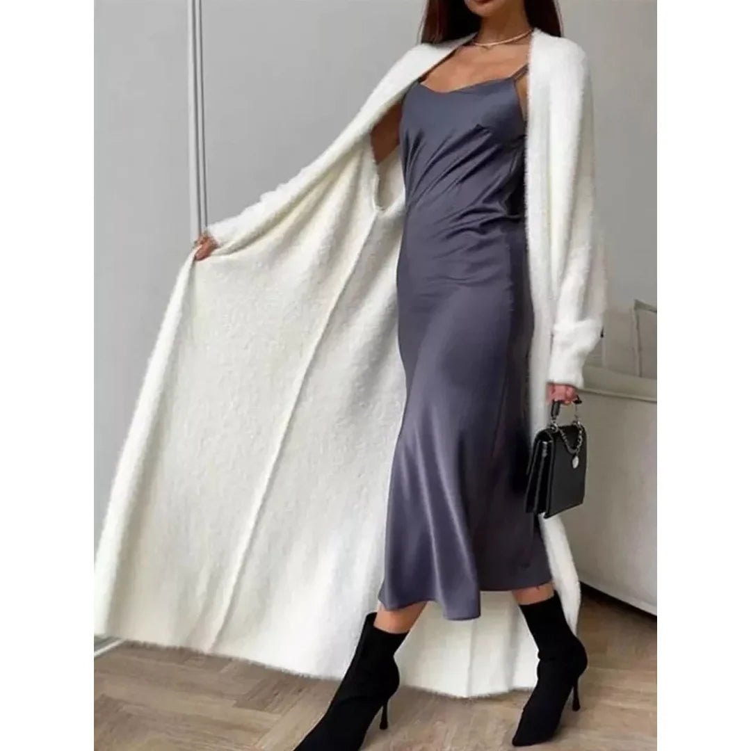 Women's fluffy longline open front cardigan