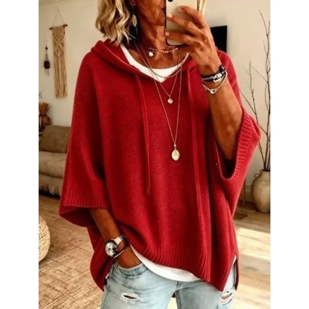 Women's hooded batwing sleeve knit jumper in red