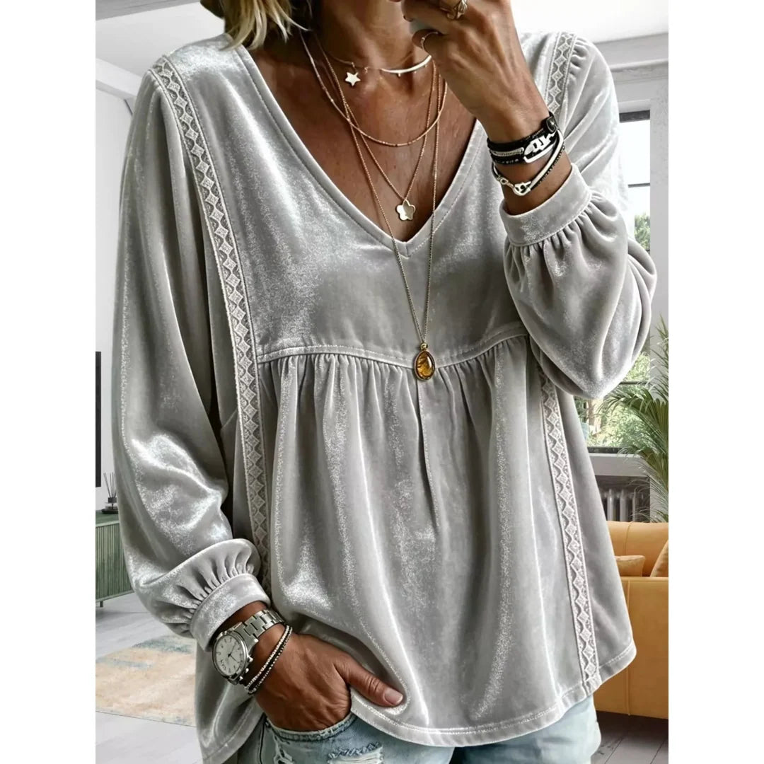 Women's velvet-touch lace detail V-neck blouse in grey