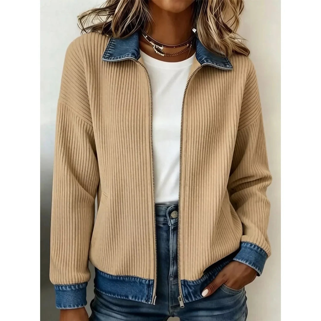 Women's ribbed knit zip jacket with denim-look collar in khaki