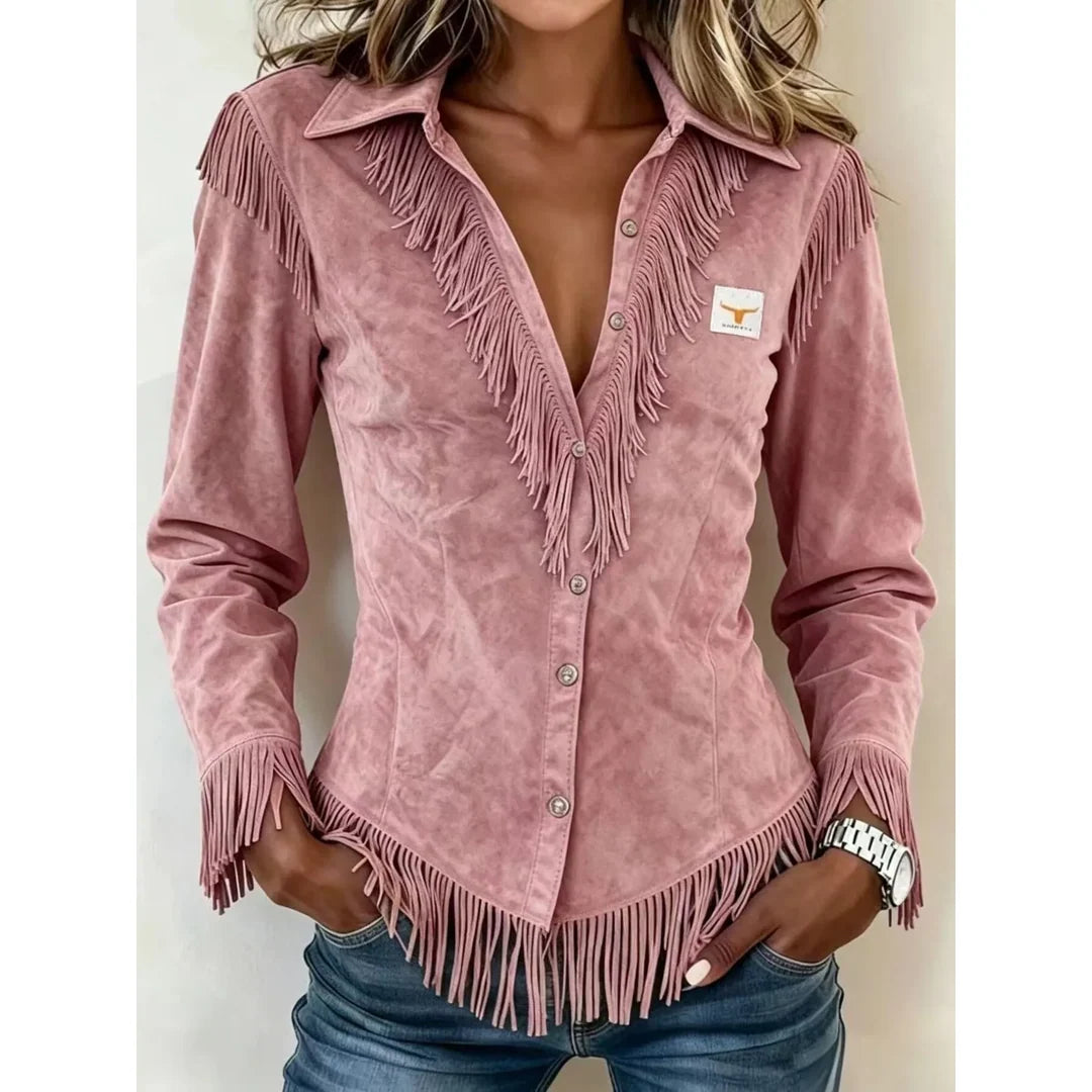 Women's fringe trim collared button-up shirt in dusty pink