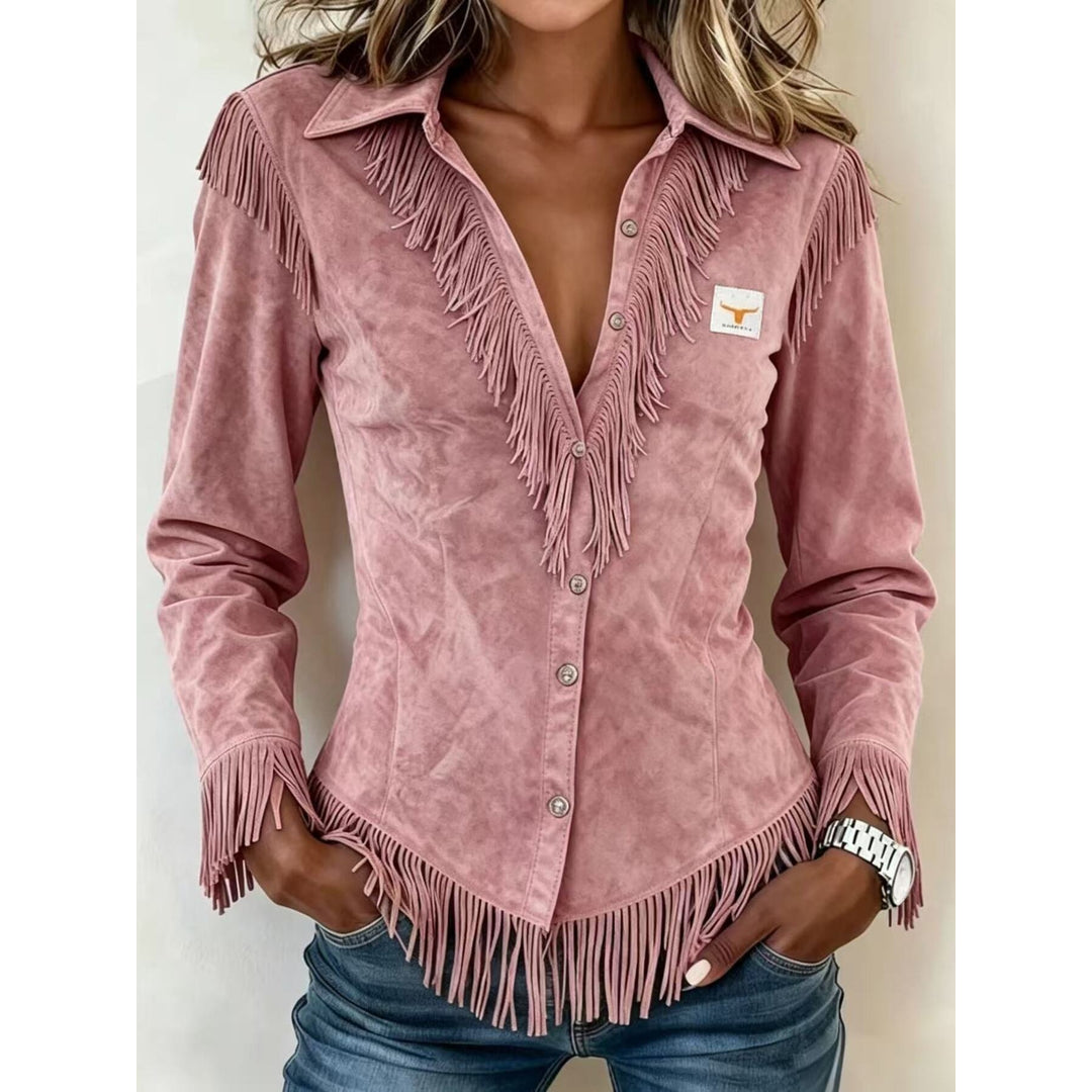 Women's fringe trim collared button-up shirt in dusty pink