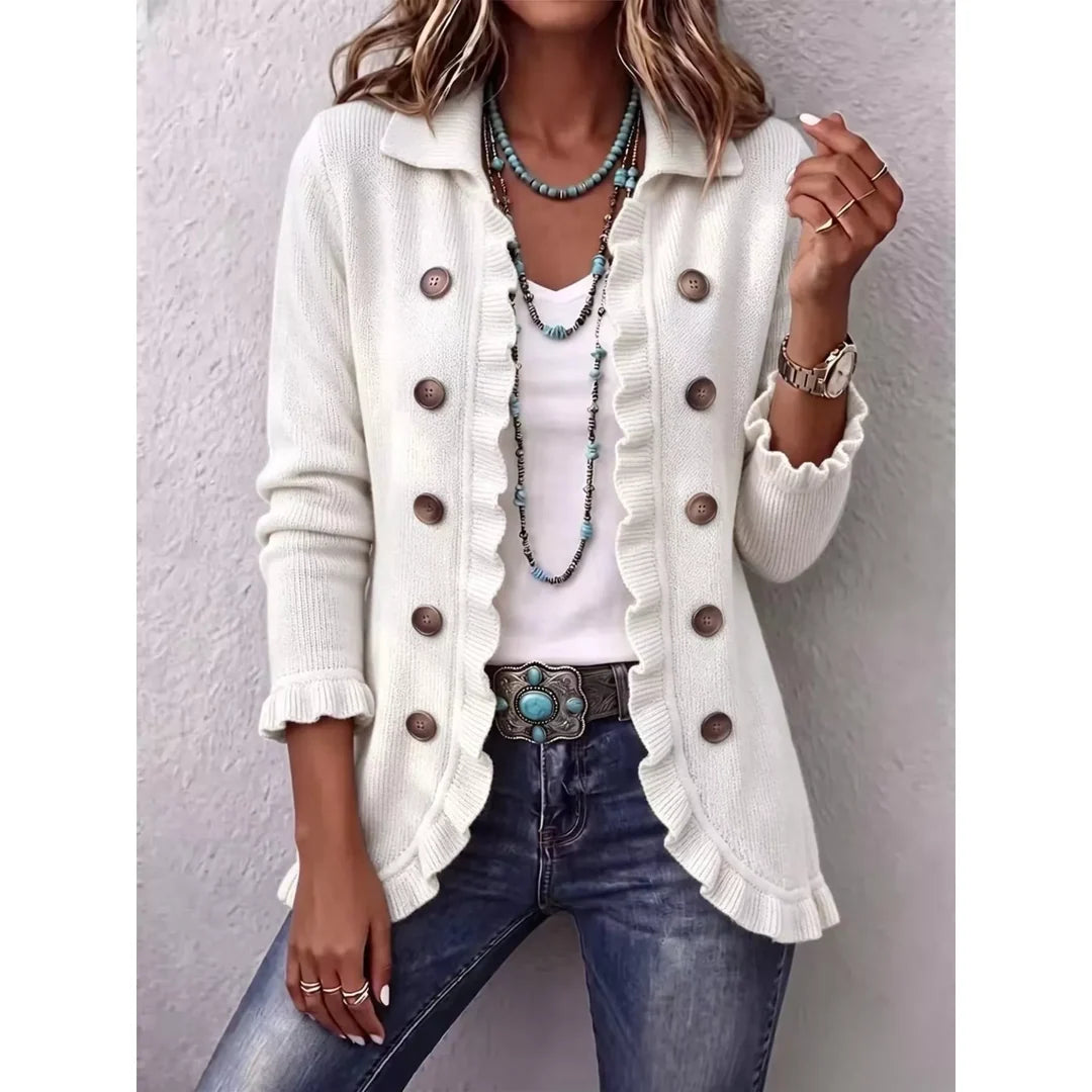 Women's ruffle trim ribbed knit button cardigan in white