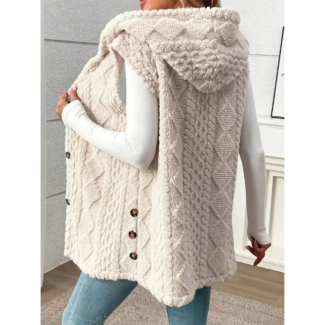 Women's hooded sherpa-look button-up gilet in beige