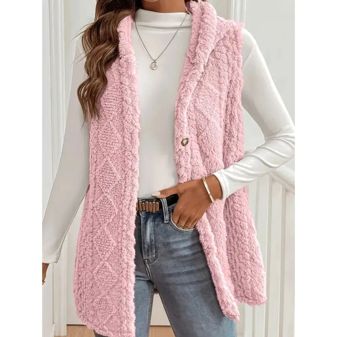 Women's hooded sherpa-look button-up gilet