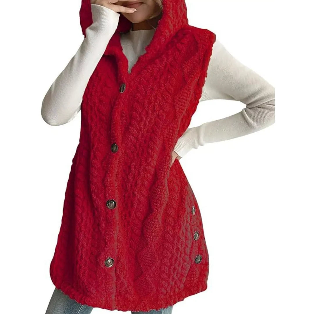 Women's hooded sherpa-look button-up gilet