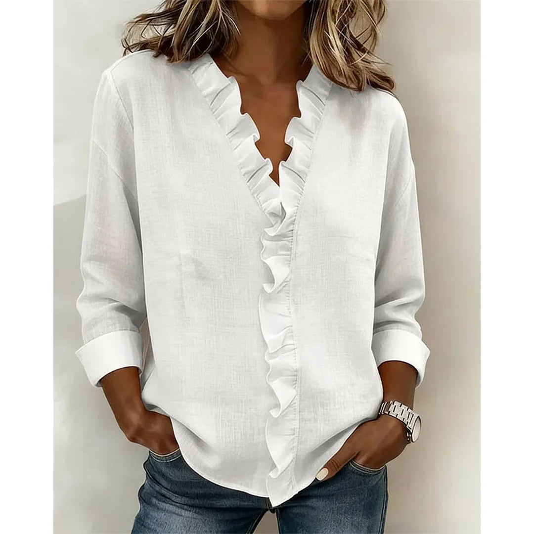 NOA | MATILDA WOMEN'S LONG SLEEVE RUFFLE V-NECK BLOUSE