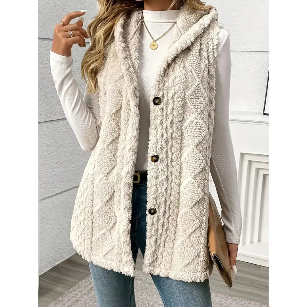 Women's hooded sherpa-look button-up gilet