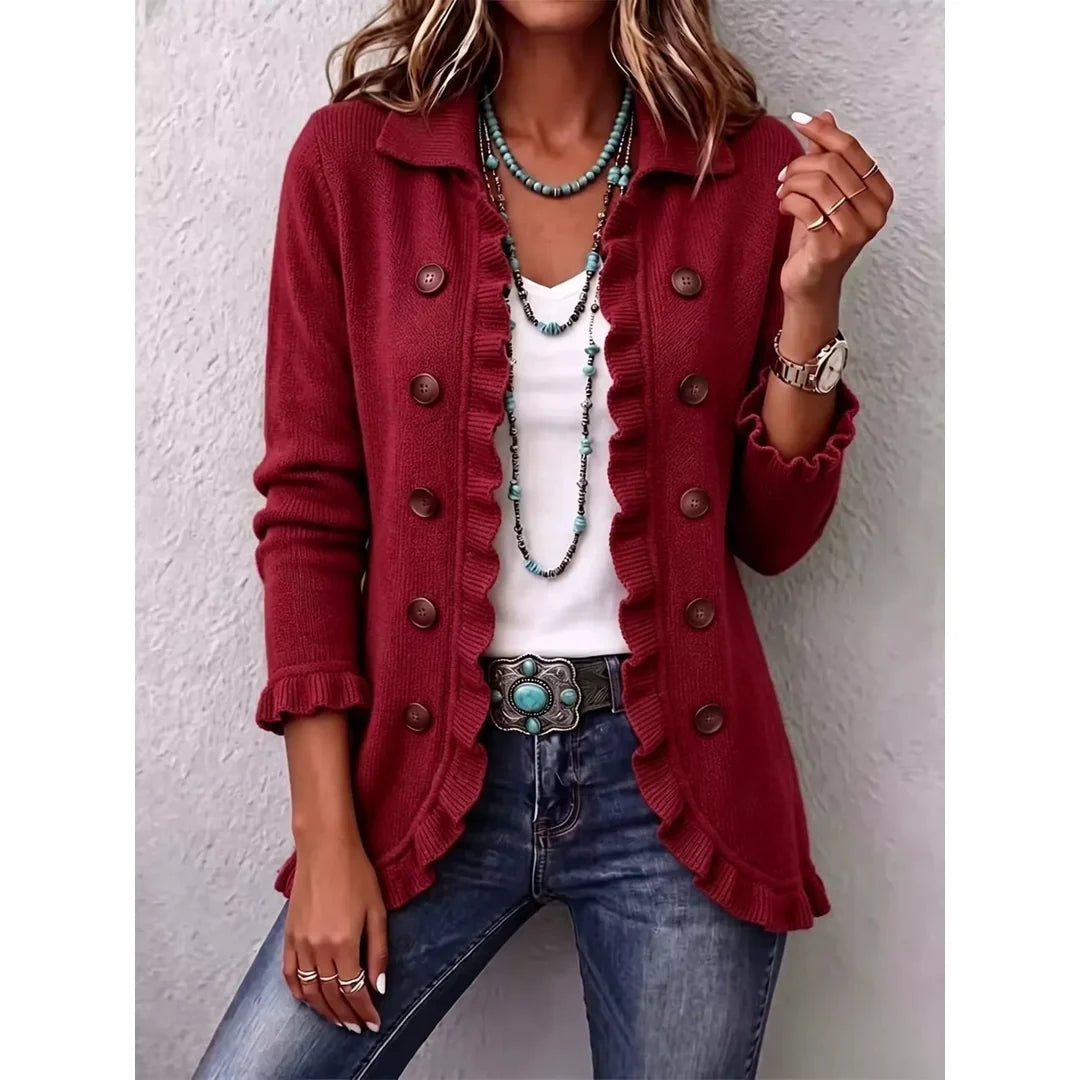 Women's ruffle trim ribbed knit button cardigan in red