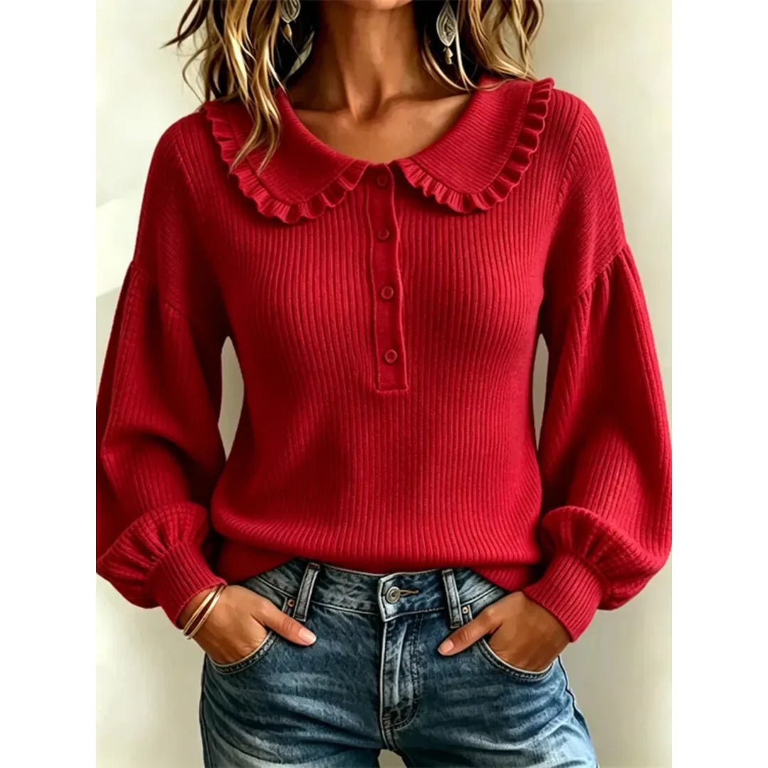 Women's ruffle collar ribbed knit jumper with button detail in red