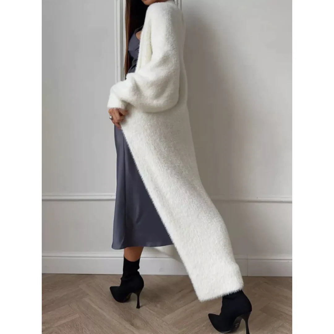 Women's fluffy longline open front cardigan