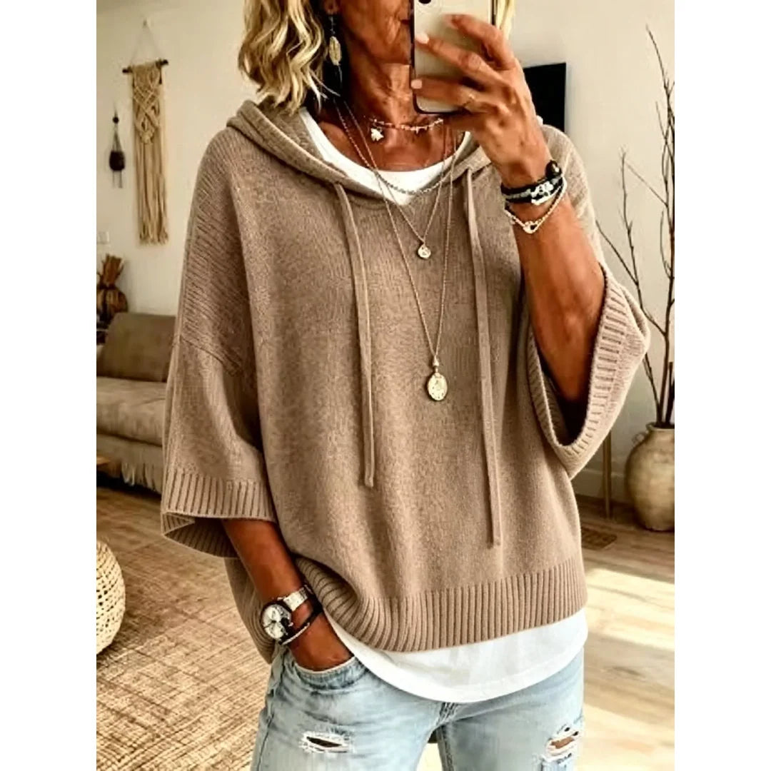 Women's hooded batwing sleeve knit jumper in khaki