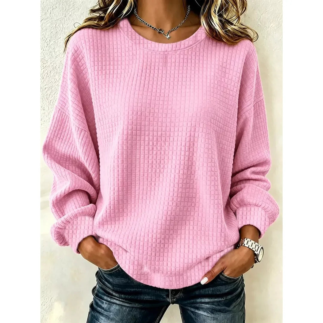 Women's waffle knit crew neck sweatshirt in pink