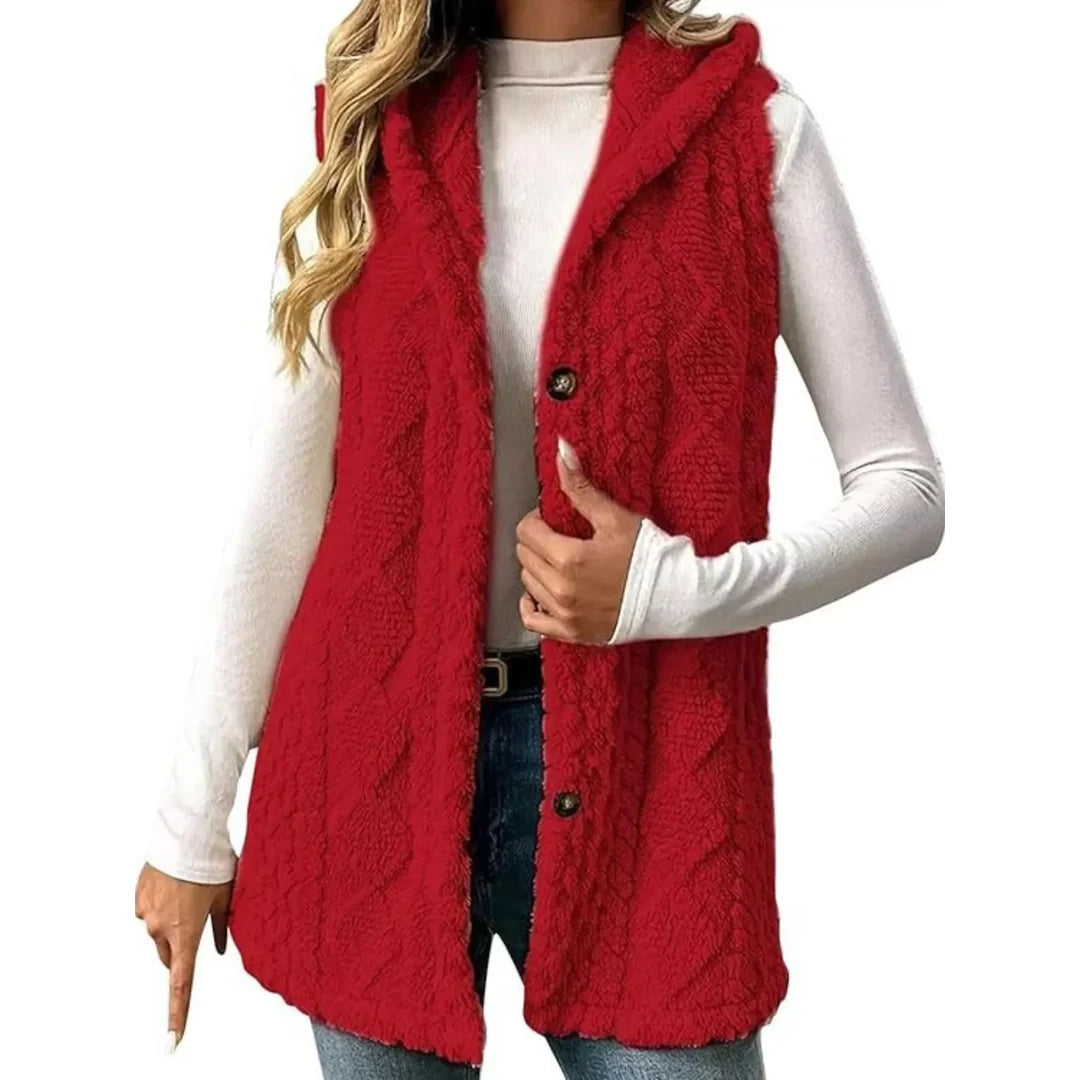 Women's hooded sherpa-look button-up gilet in deep red