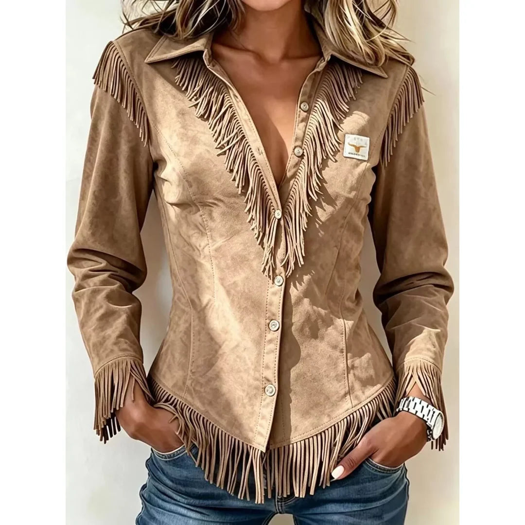 Women's fringe trim collared button-up shirt in tan