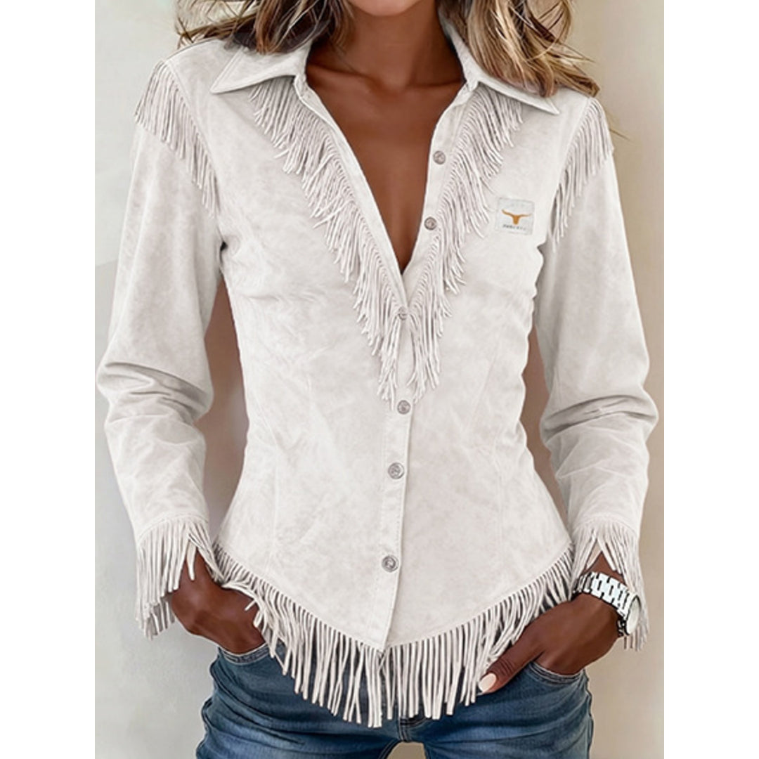 Women's fringe trim collared button-up shirt in white