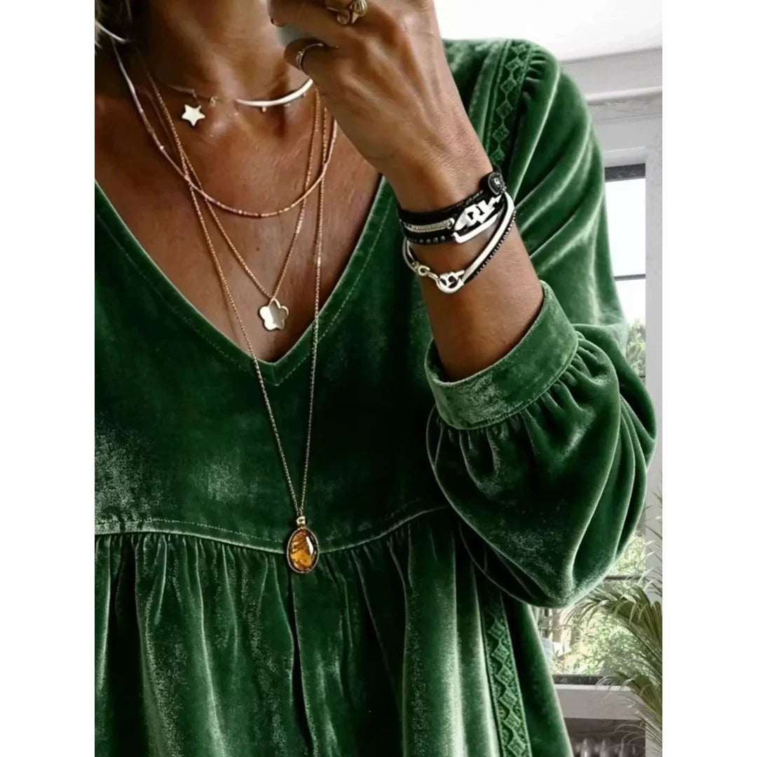 Women's velvet-touch lace detail V-neck blouse