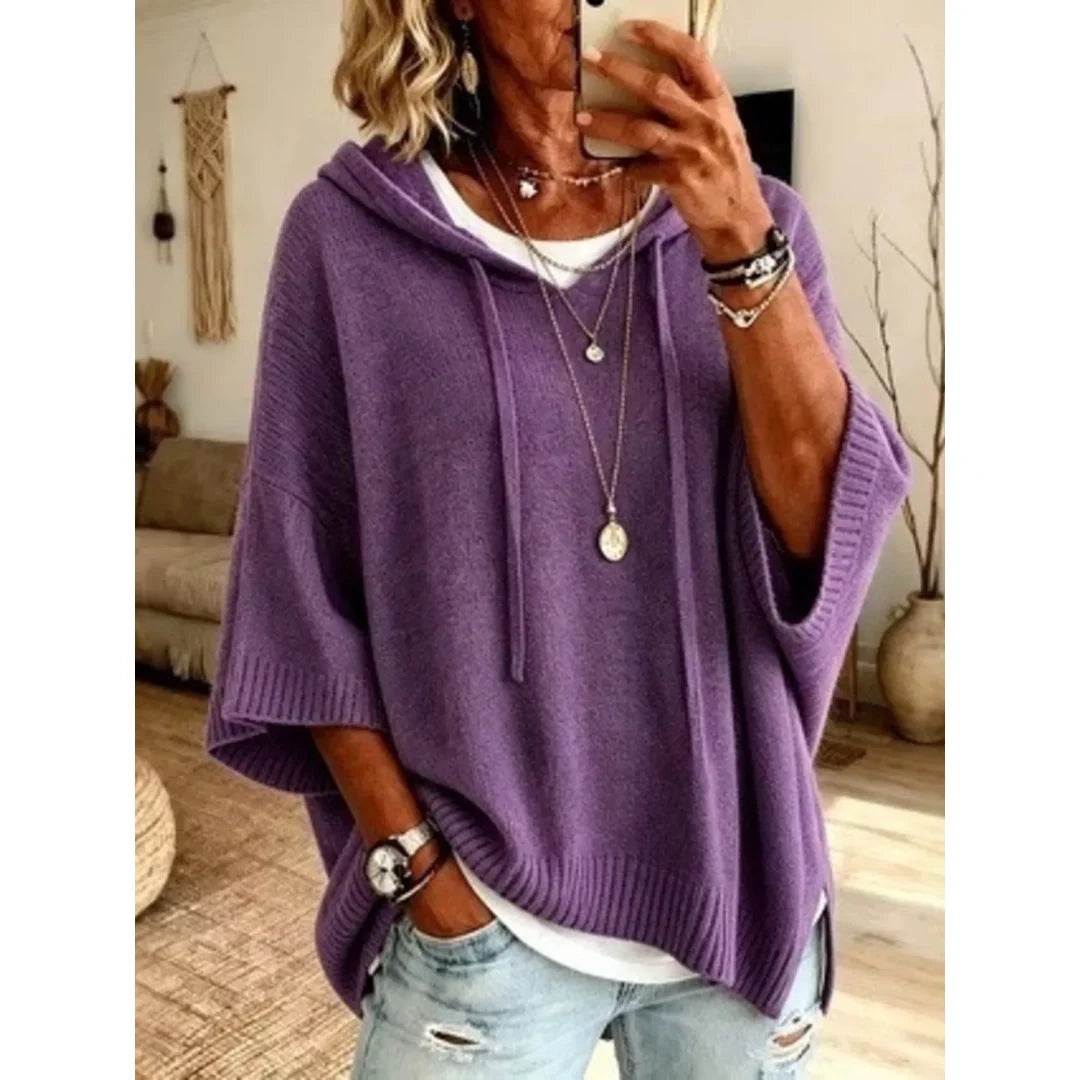 Women's hooded batwing sleeve knit jumper in purple