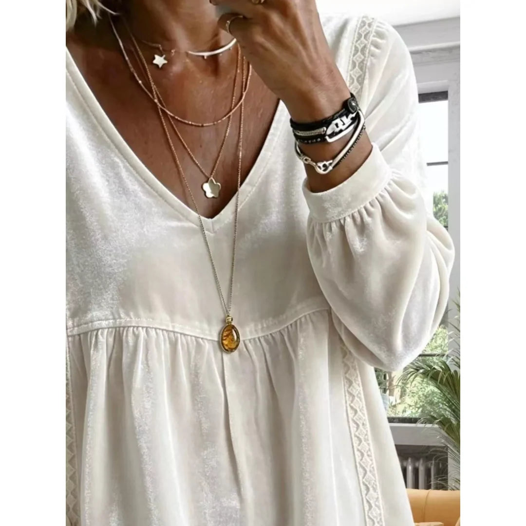 Women's velvet-touch lace detail V-neck blouse