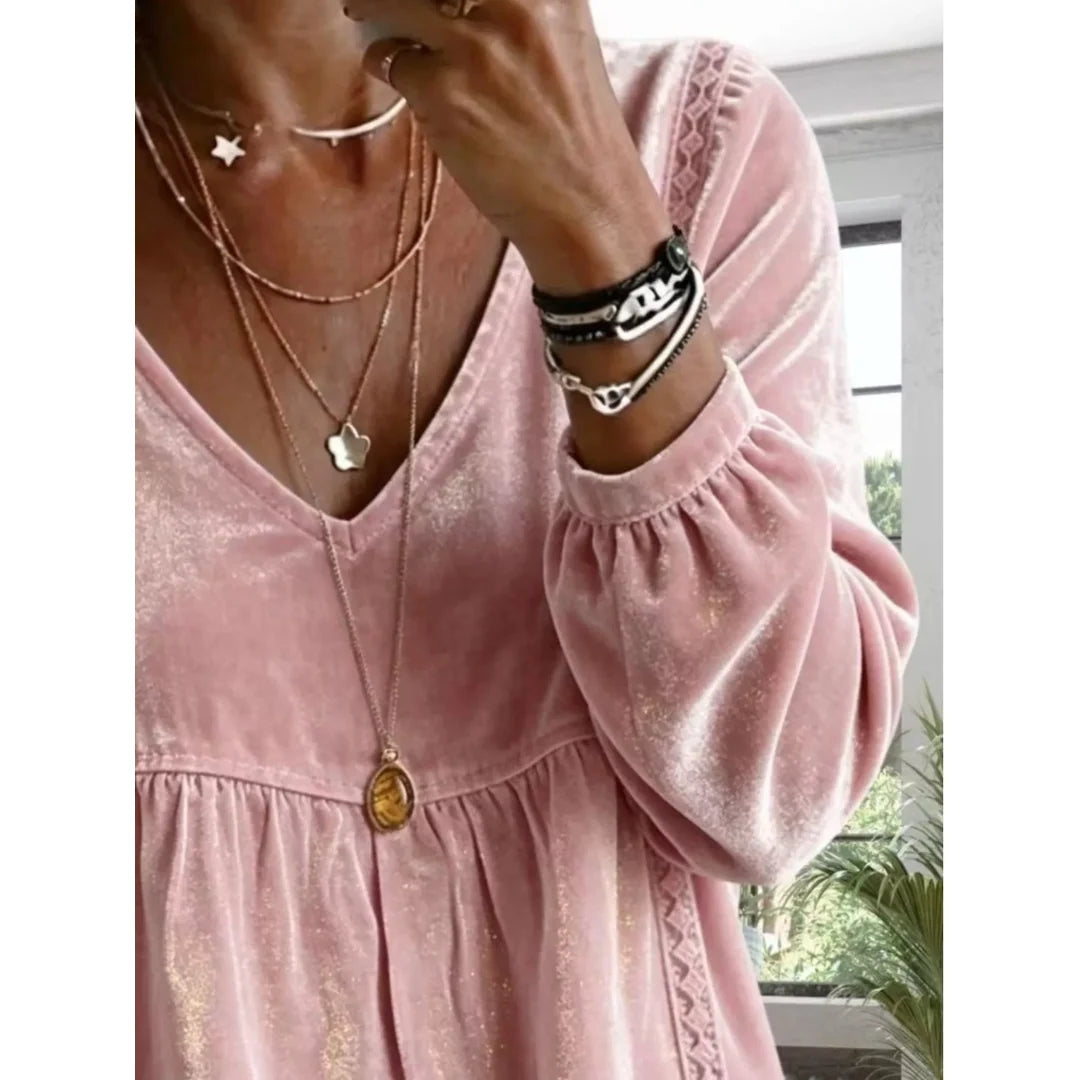 Women's velvet-touch lace detail V-neck blouse
