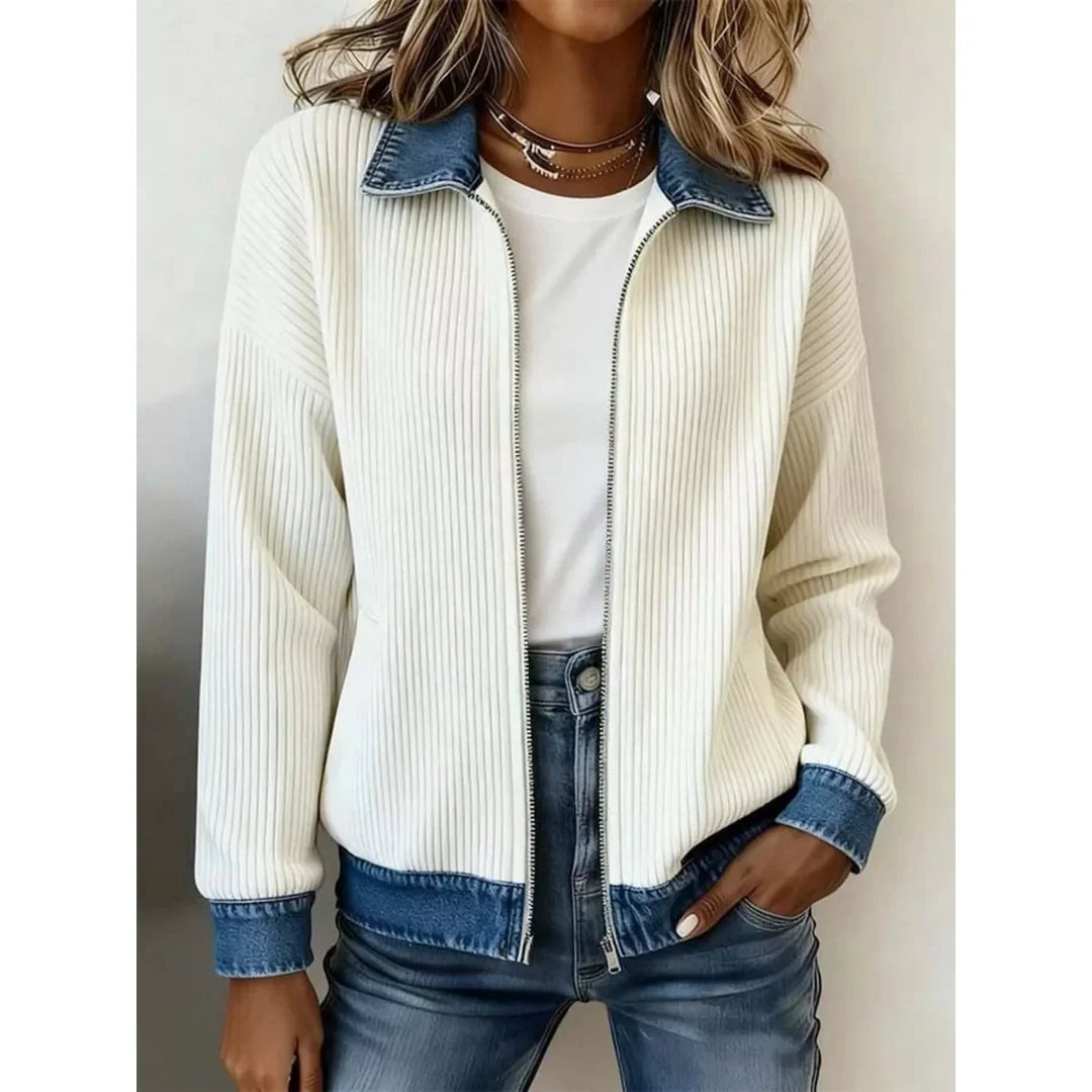 Women's ribbed knit zip jacket with denim-look collar in white