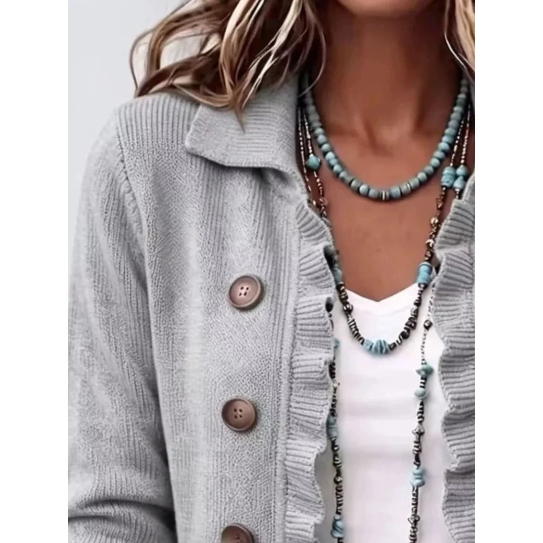 Women's ruffle trim ribbed knit button cardigan