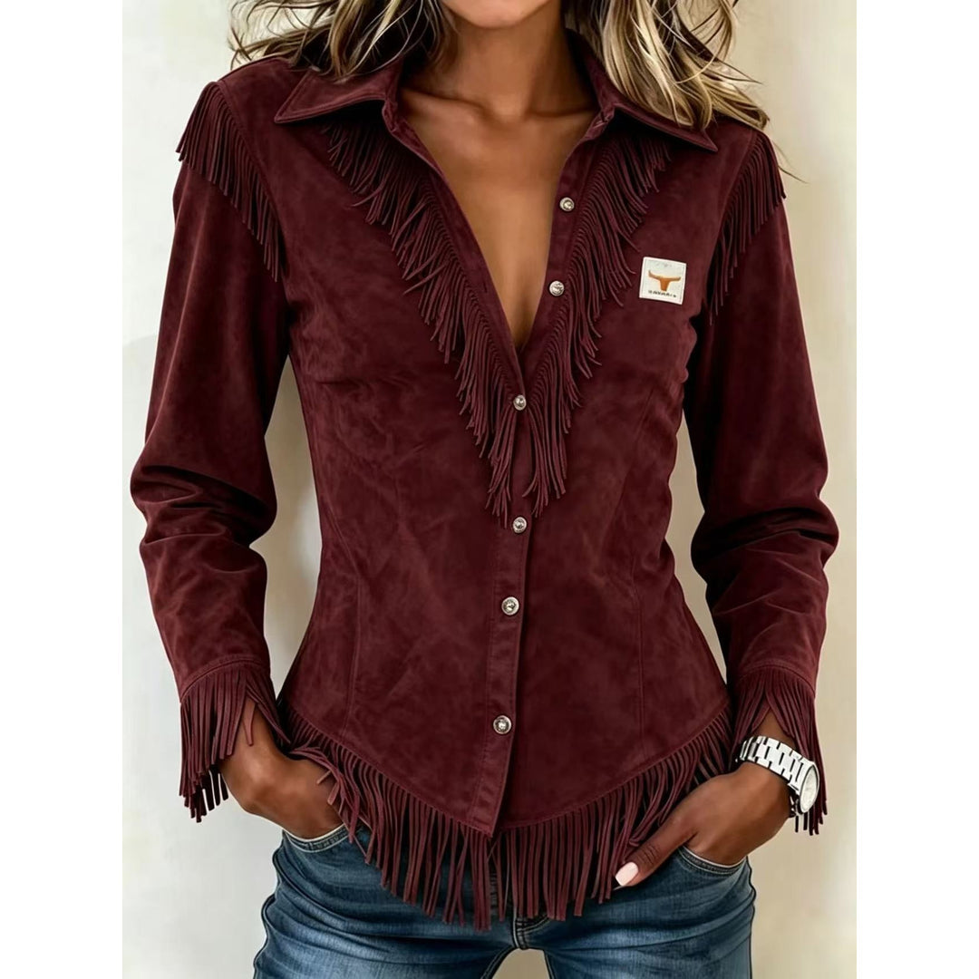 Women's fringe trim collared button-up shirt in burgundy