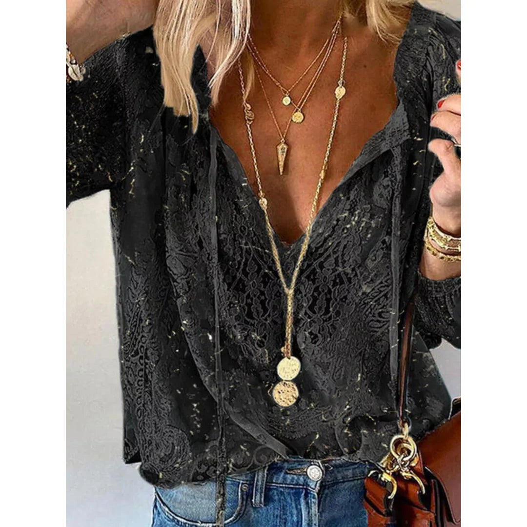 Women's lace tie neck blouse in black