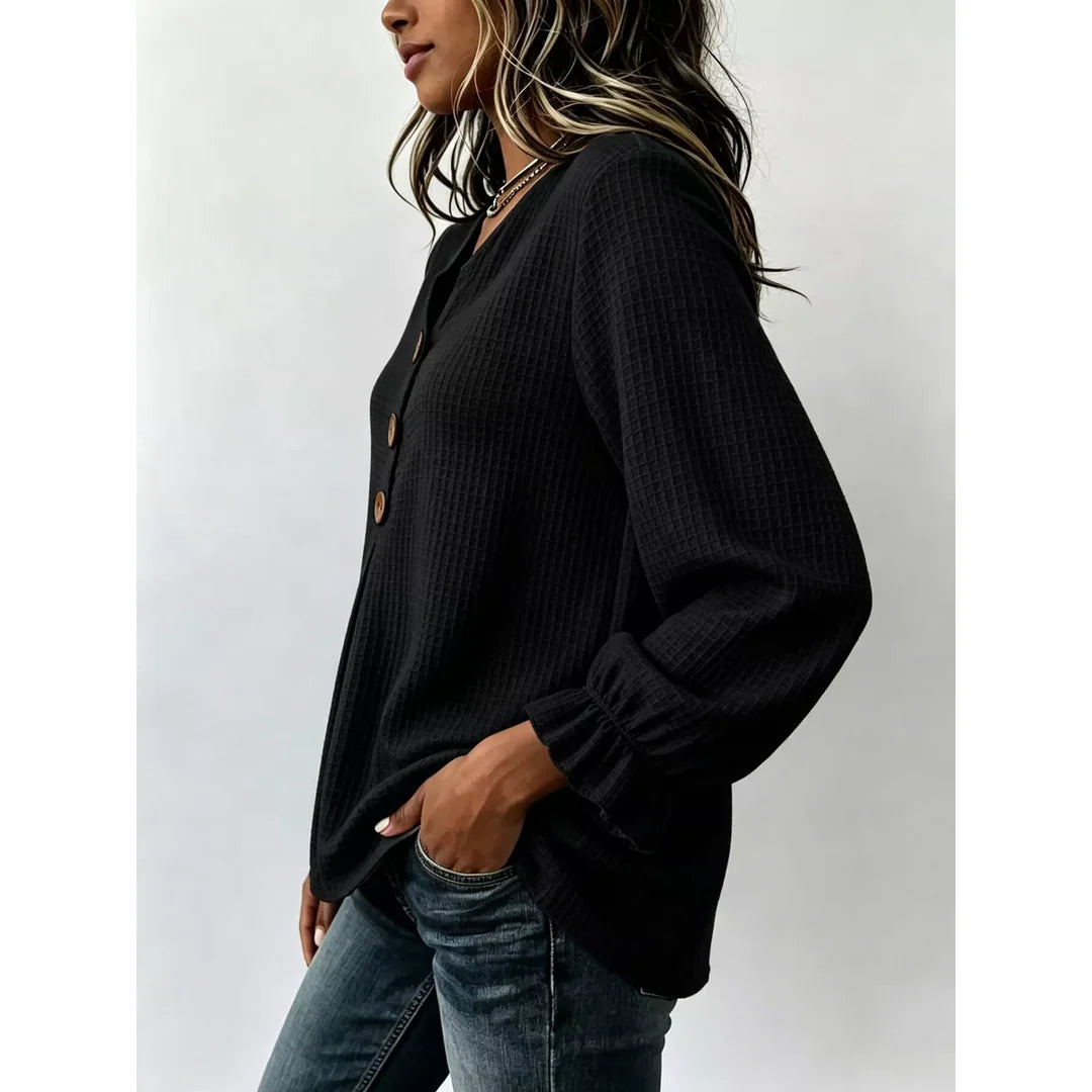 Women's waffle knit long sleeve top with ruffle detail