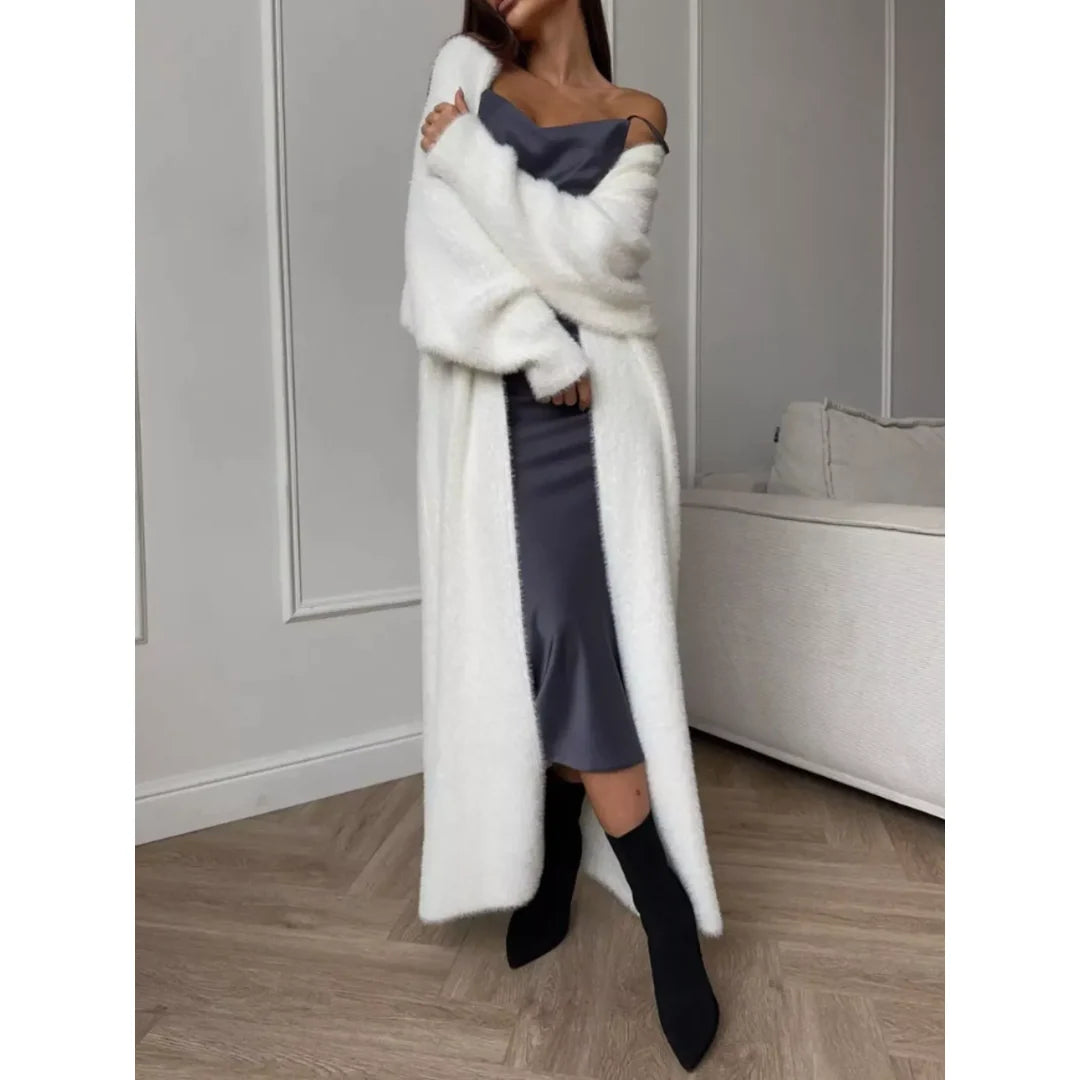 Women's fluffy longline open front cardigan