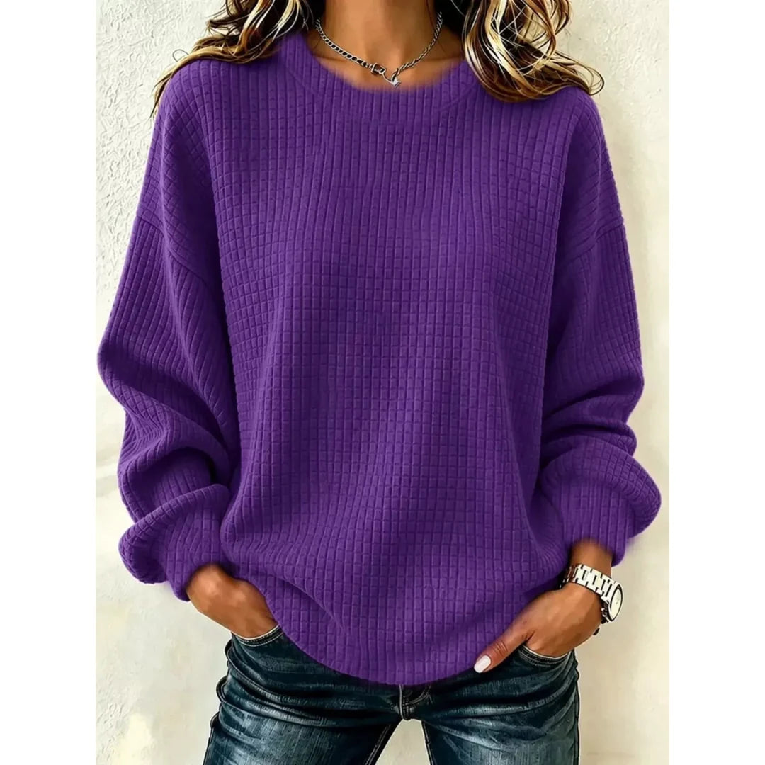 Women's waffle knit crew neck sweatshirt in purple