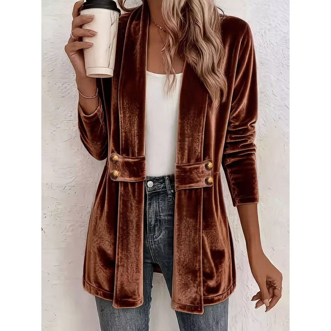 Women's velvet-touch open front cardigan in dark brown