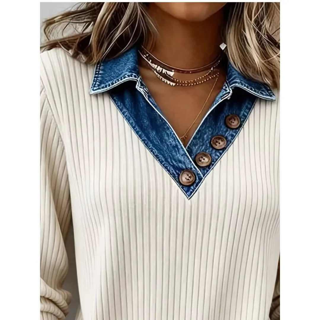 Women's ribbed knit top with denim-look collar