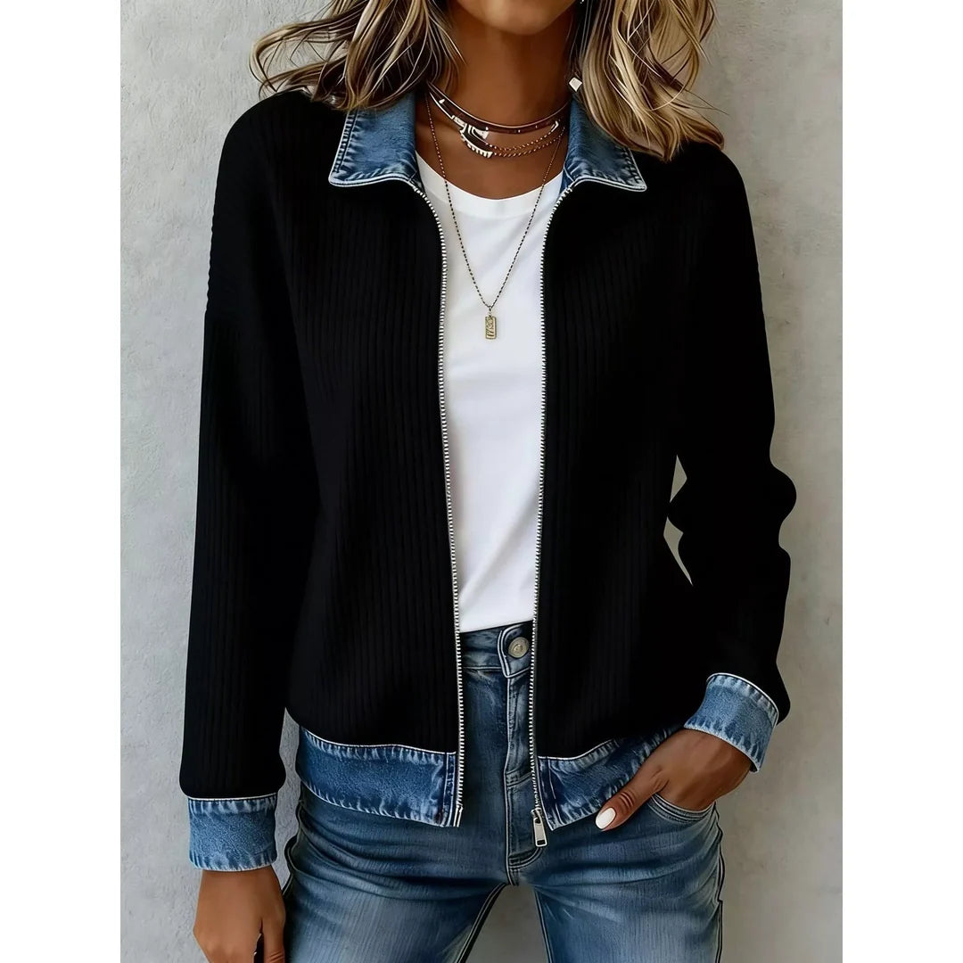 Women's ribbed knit zip jacket with denim-look collar in black