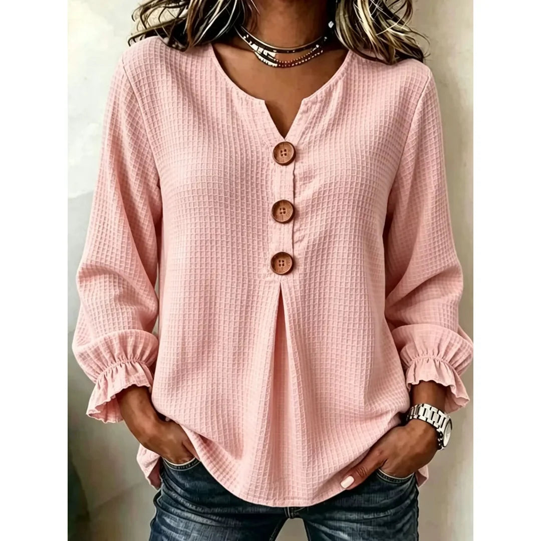 Women's waffle knit long sleeve top with ruffle detail in blush pink