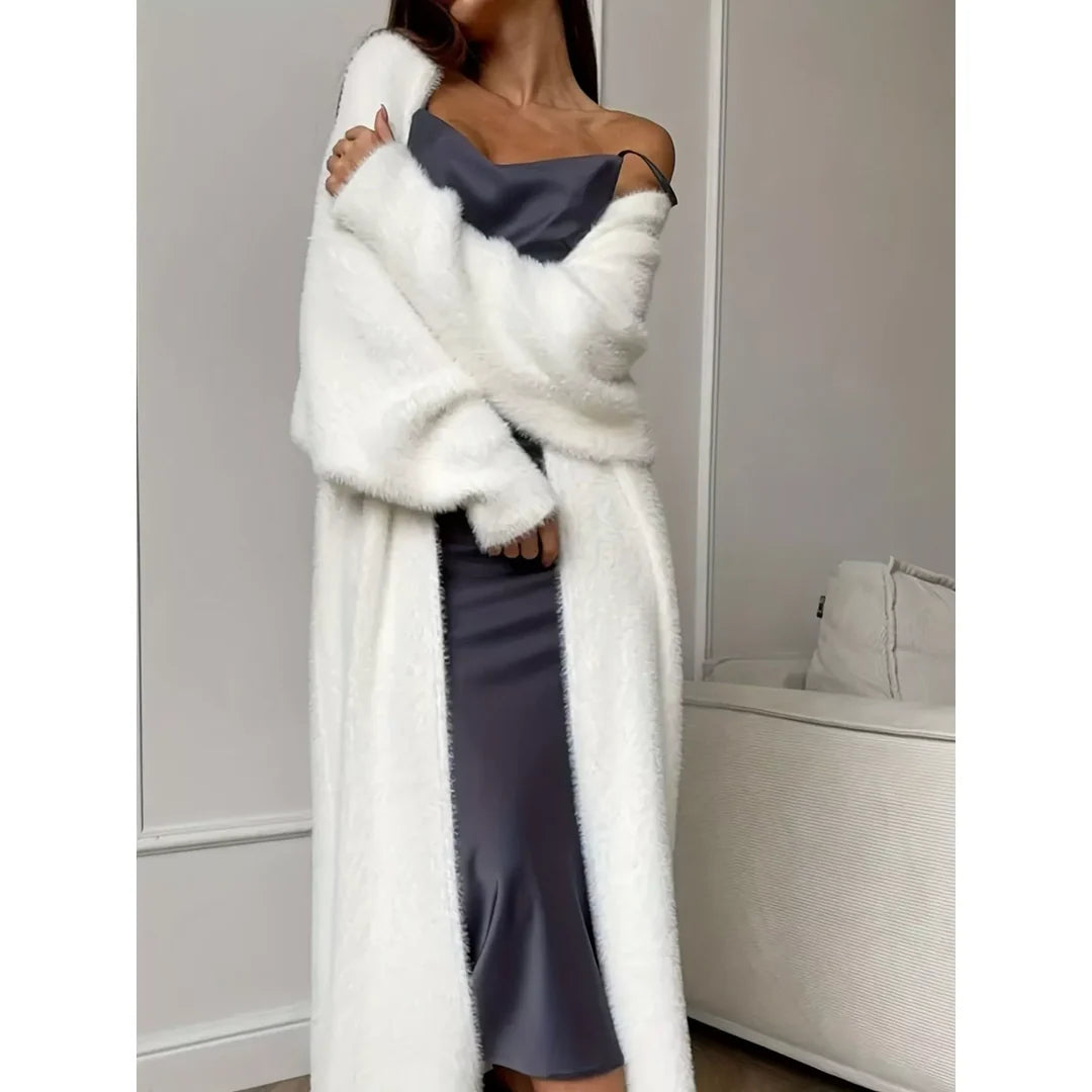 Women's fluffy longline open front cardigan