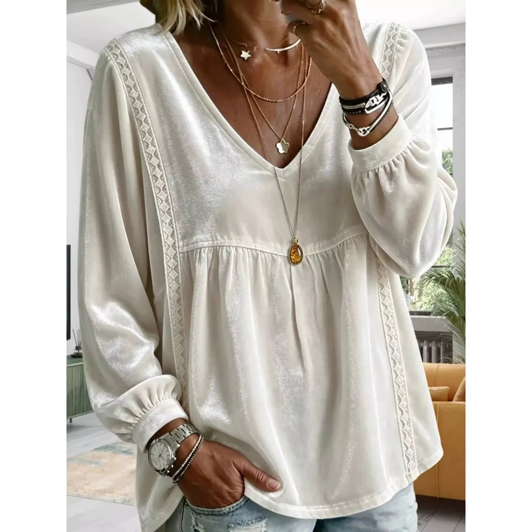 Women's velvet-touch lace detail V-neck blouse in white