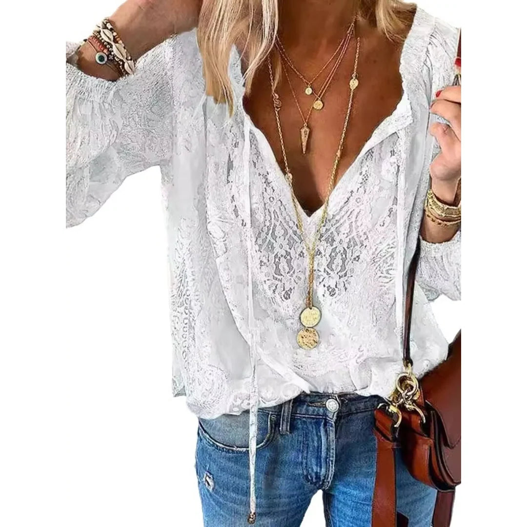 Women's lace tie neck blouse