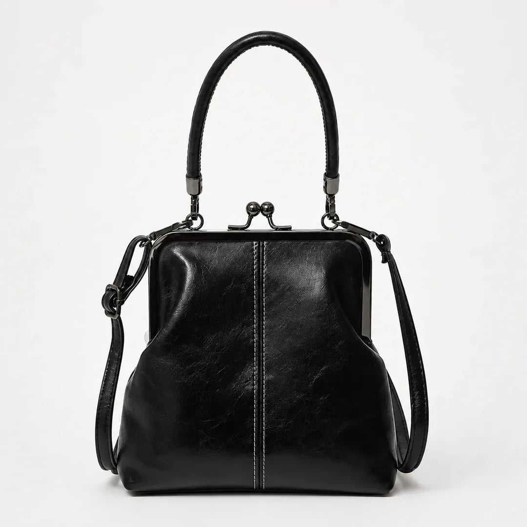 Women's vintage kiss lock crossbody bag with top handle in black