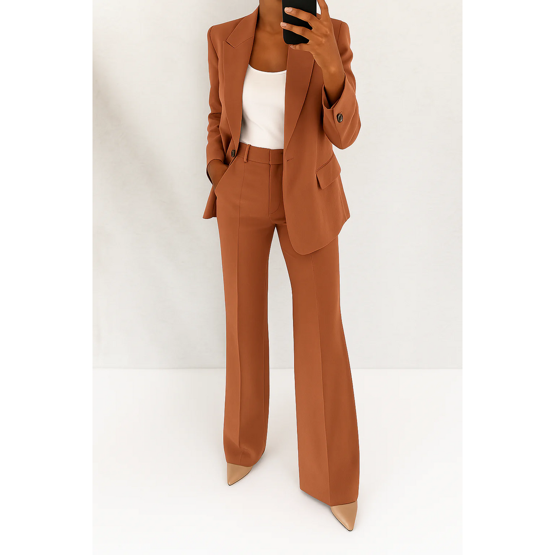 Women's tailored two-piece trouser suit in brown