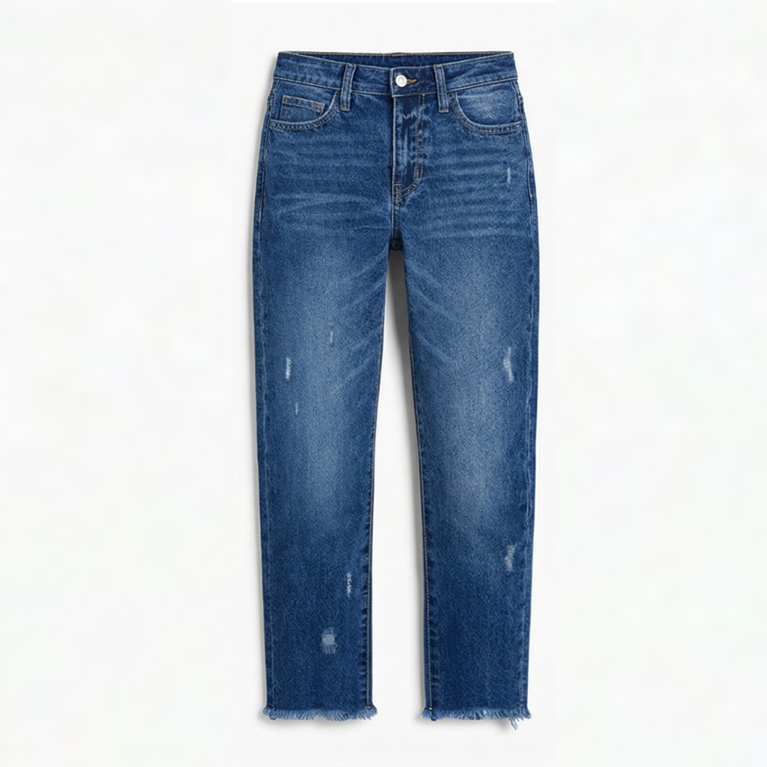 Women's fringed cropped straight leg jeans in dark blue