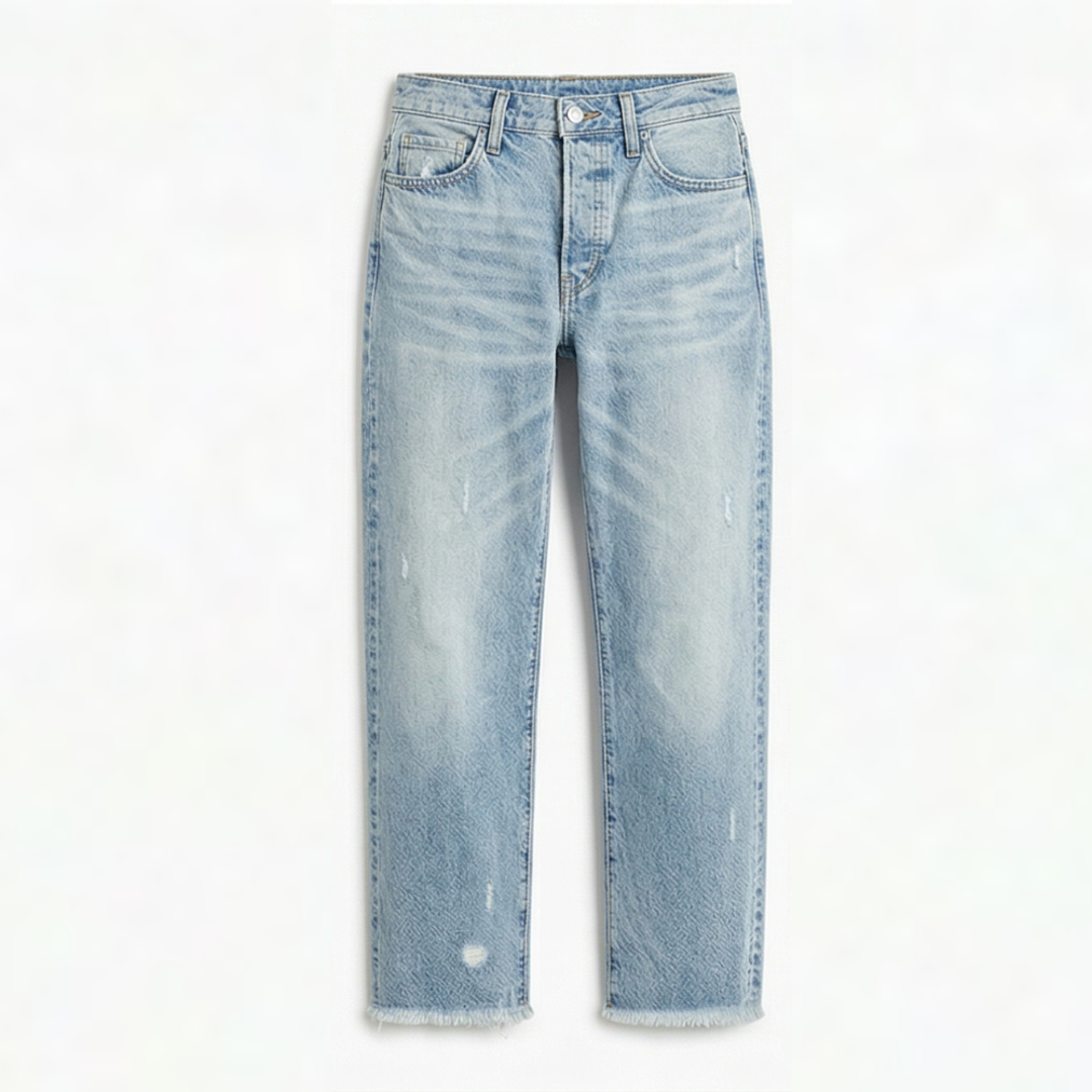 Women's fringed cropped straight leg jeans in light blue